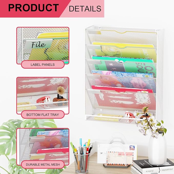 Hanging Wall File Organizer 6 Tier Wall Mounted File Holder Document Wall Organizer Magazine Organization for Office Home, Silver