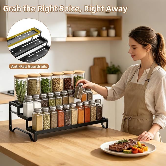 Expandable Spice Rack Organizer for Cabinet 3 Tier Spicy Shelf Black 1Pack | Adjustable Length 13"-21", Easy to See Labels, Sturdy Metal, Slip-Resistant Guardrails for Jars, Cabinet & Countertop Storage