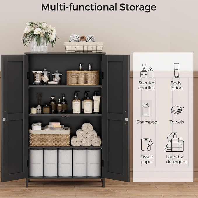 Homleke 43.3" H Farmhouse Bathroom Storage Cabinet with Adjustable Shelves | Freestanding Storage Cabinet with Barn Doors for Bathroom, Kitchen, Living Room, Dining Room & Entryway, Black