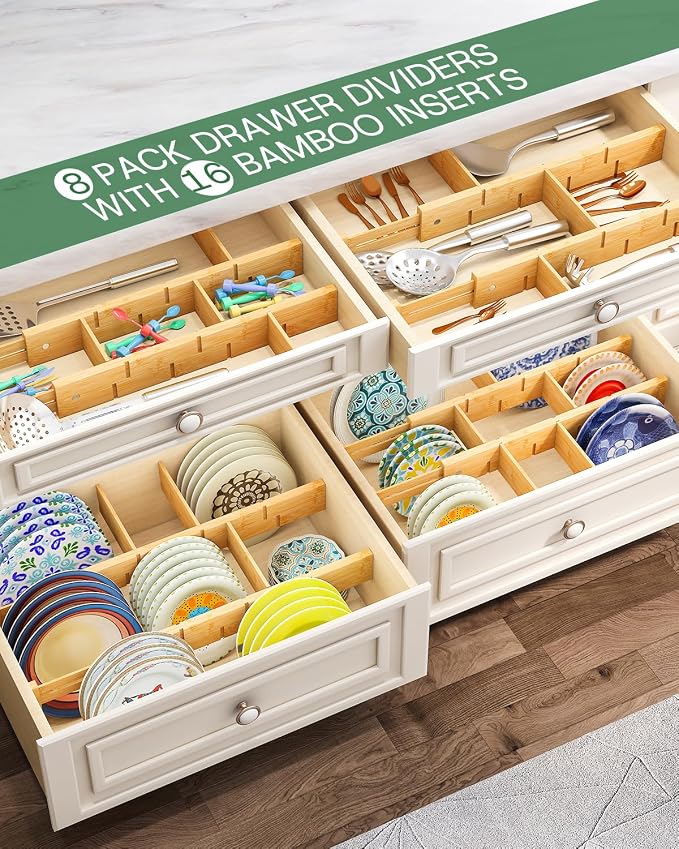 kiplant Kitchen Drawer Dividers - Adjustable Drawer Organizer for Clothes, Kitchen, Closet & Office - 8 Pack with Inserts, 18-22.6 Inches, Non-Slip Silicone Ends