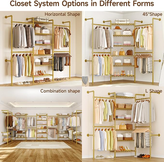 ONBRILL H3 Expandable Wall Mounted Closet System, 5.4FT-8.1FT Closet Organizer with 4 Telescopic Rods & 6 Wire Shelves, Industrial Pipe Clothing Rack for Walk-in & Reach-in Closet (Gold)