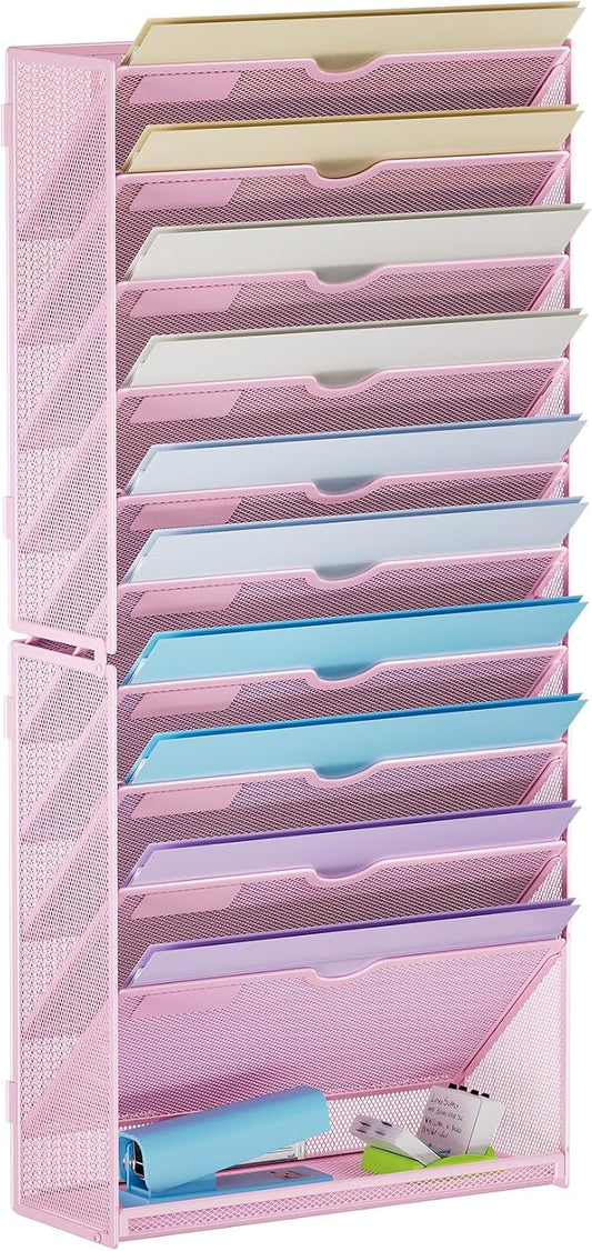 Marbrasse Wall File Holder 11-Tier Hanging Wall File Organizer, for Papers, Files Clipboard & Magazine Organizer, Wall Mount File Holder Great for Office Home (Pink)