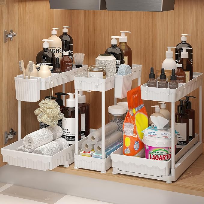Sevenblue 3-Pack 2-Tier L-Shaped Under Sink Organizers with Sliding Drawers | Multi-use kitchen & bathroom storage, 14.85 inch white cabinet organizer, space-saving sliding drawer design.