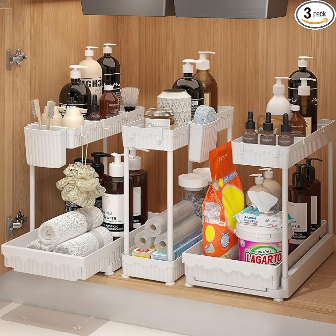 Sevenblue 3-Pack 2-Tier L-Shaped Under Sink Organizers with Sliding Drawers | Multi-use kitchen & bathroom storage, 12.85 inch white cabinet organizer, space-saving sliding drawer design.