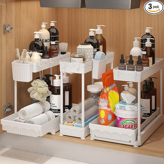 Sevenblue 3-Pack 2-Tier L-Shaped Under Sink Organizers with Sliding Drawers | Multi-use kitchen & bathroom storage, 14.85 inch white cabinet organizer, space-saving sliding drawer design.