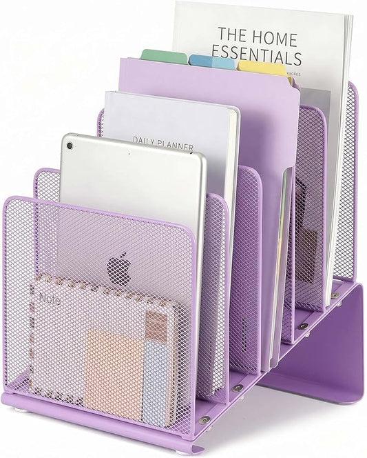 LEKETREE Purple File Organizer for Desk, Desk Organizer with 5-Section Vertical File Rack, File Folder Organizer (Purple)