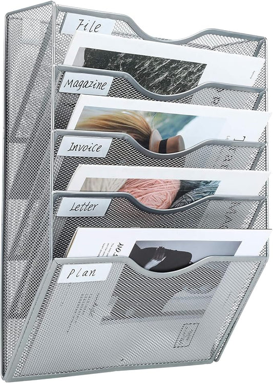 PAG Hanging Wall File Holder Mail Organizer Wall Mount Document Letter Rack, 5-Tier, Silver