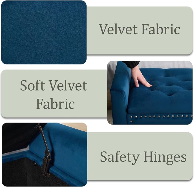 47in Velvet Storage Ottoman Bench with Arms, Upholstered Storage Bench with Wooden Legs, Storage Bench for Bedroom, Living Room, Entryway, Dark Blue