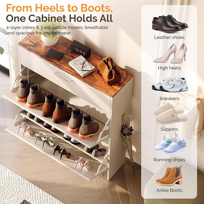 VINGLI Set of 2 Rustic White Shoe Cabinet for Entryway, 2-Pack 31.5" W Extra Wide Slim Shoe Organizer with Vintage Brown Top, Modern Farmhouse Wood Shoes Rack, Narrow Freestanding Cabinet for Hallway