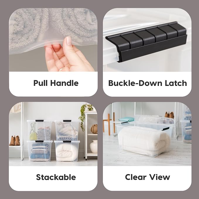 IRIS USA 72 QT Plastic Storage Box with Lid and Latches - 8 Pack - BPA-Free, See-Through Organizing Solution, Durable Nestable Stackable Containers, Secure Pull Handle - Clear
