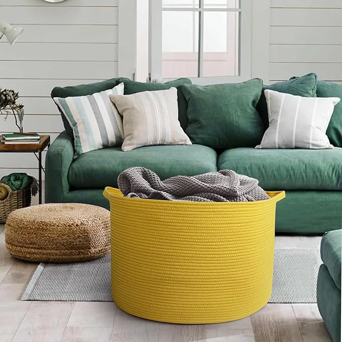 Extra Large Yellow Basket, 22” X 22” X 14” Cotton Rope Yellow Decor for Living Room Bedroom, Woven Basket for Blanket, Laundry, Towel, Shoe, Baby Nursery Toy Organizer, Room Decor Storage Bin