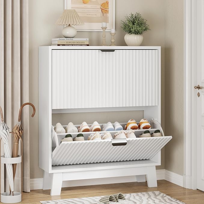 Xixini Shoe Cabinet with 2 Flip Drawers, 37" Tall Narrow Fluted Shoe Storage Organizer for Entryway, Hidden Slim Wooden Shoe Rack Cabinet for Front Door Entrance, Hallway, Living Room, Solid White
