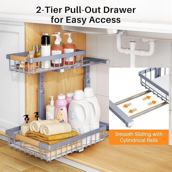 PXRACK Under Sink Organizer, Adjustable Height, 2 Tier Pull Out Under Cabinet Organizer, Slide Out Thickened Metal Under Sink Storage for Kitchen Bathroom Laundry Pantry Cabinet, Grey, Large-2-Pack
