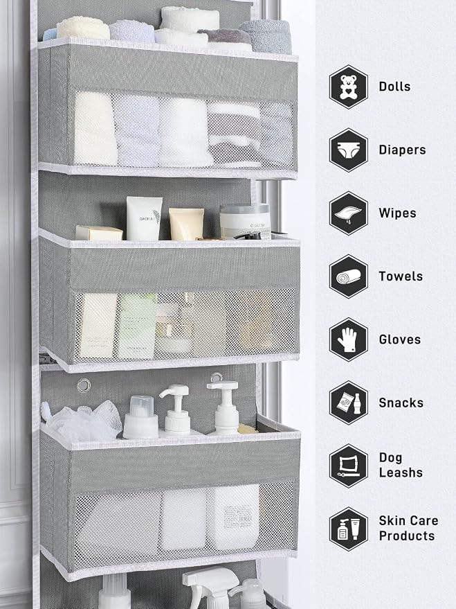 Yecaye Over the Door Storage Organizer for Nursery Closet 6 Tier Grey | 2 in 1 Swing-proof Hanging Bathroom Storage Organization, Bedroom Organizer and Storage for Newborn Baby Essentials