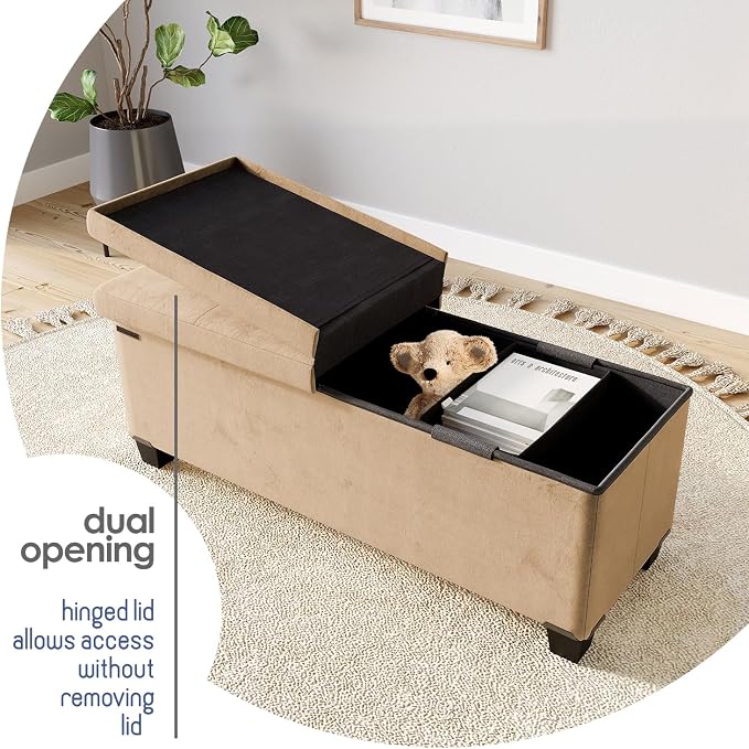 Storage Ottoman Bench with Bins, 43-in Storage Bench for Bedroom End of Bed, Folding Foot Rest Ottoman for Living Room Max 660lbs, Velvet Ottomans, Taupe