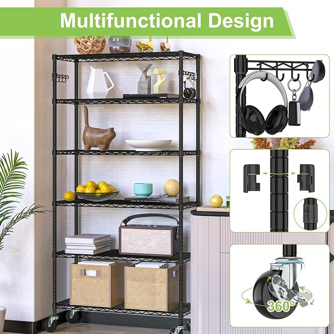 6 Tier Wire Metal Shelving Rack Garage Storage Rolling Shelves with Wheels | Heavy Duty Adjustable Industrial Shelves Unit Utility Sturdy Shelving for Kitchen Garage Pantry Bathroom Laundry
