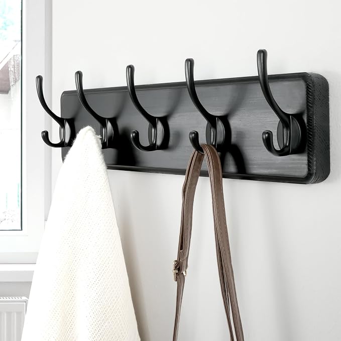Coat Rack Wall Mount: Modern, Patented, Heavy-Duty, 17.4" Long 5-Double-Hooks Wooden Hanger Hook Rail for Winter Coats Hat Jacket Clothing, Black