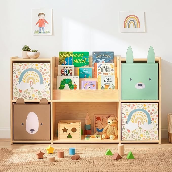 OOOK 4 Pack Foldable Fabric Storage Bins, 11.4" x 10.6" x 11.8" | Storage Box and Closet Organizers for Bedroom, Nursery, Shelves & Cube Storage Shelving Units (Bear, Rabbit, Rainbow Pattern)