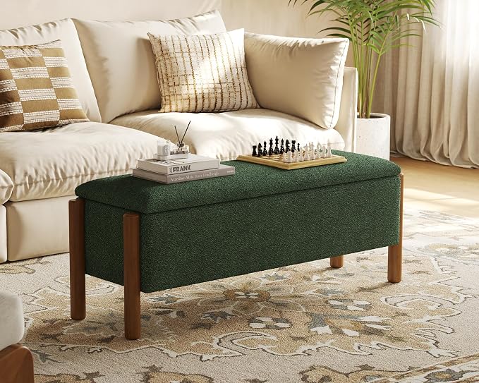 47" Storage Ottoman Bench, Boucle Upholstered End of Bed Bench for Bedroom, Entryway Shoe Bench with Large Storage Space, Heavy Duty Padded Foot Rest Stool Blanket Chest for Living Room, Green