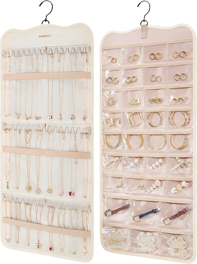 BAGSMART Hanging Jewelry Organizer Storage with Hanger Metal Hooks Double-Sided Jewelry Holder for Earrings, Necklaces, Rings on Closet, Wall, Door, 1 piece Large Beige