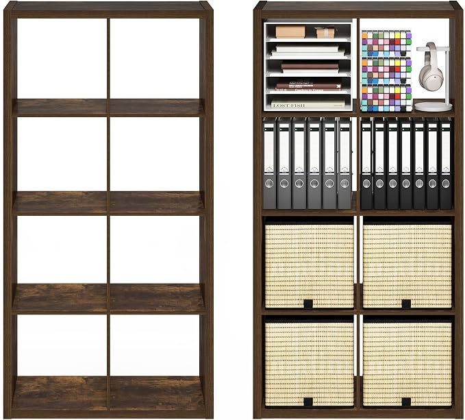 Furinno Cubicle Book Shelf Set of 2, 8-Cube Bookshelf, Amber Pine | 14.6 x 30 x 57.9, Thick Frame, Horizontal & Vertical Reversible Bookcase, Open Back, for Living Room, Bedroom, Home Office