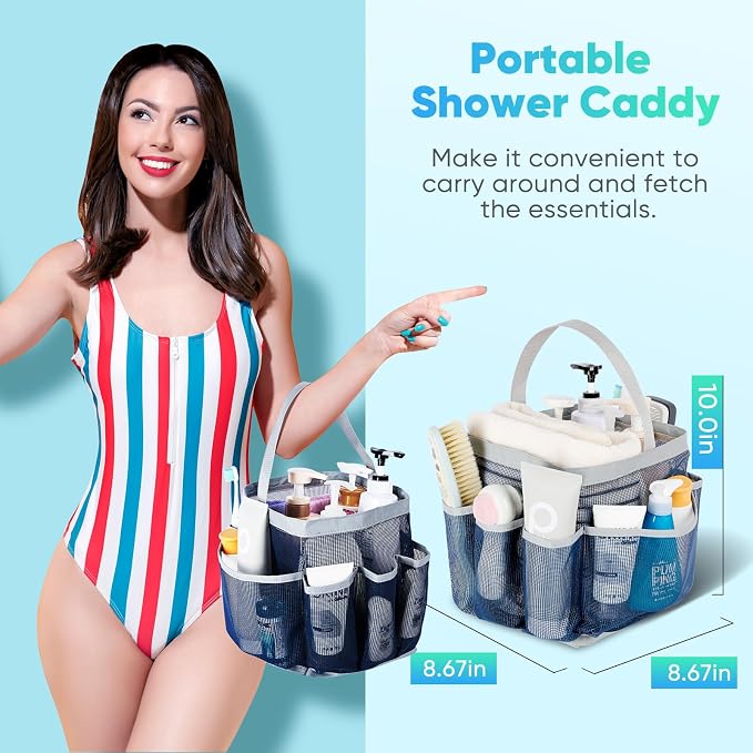 EUDELE Mesh Shower Caddy Portable for College Dorm Room Essentials,Portable Shower Caddy Dorm with 9-Pocket Large Capacity, Shower Bag for Beach, Swimming, Gym, Travel essentials, Navy Blue-Grey