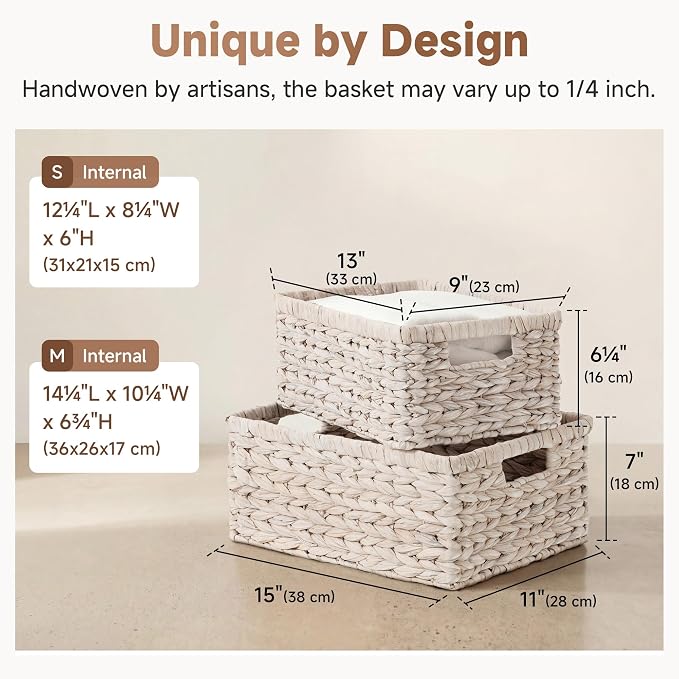 StorageWorks Large Wicker Baskets for Storage, Water Hyacinth Storage Baskets for Organizing, Wicker Storage Baskets for Shelves, White, 2-Pack, Large & Medium