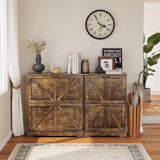 Semiocthome Farmhouse Shoe Storage Cabinet with 2 Flip Drawers, 23.6"(W) Freestanding Shoe Organizer with Barn Door and Metal Handles for Entryway, Corner Narrow Shoe Rack Cabinet - Rustic Brown