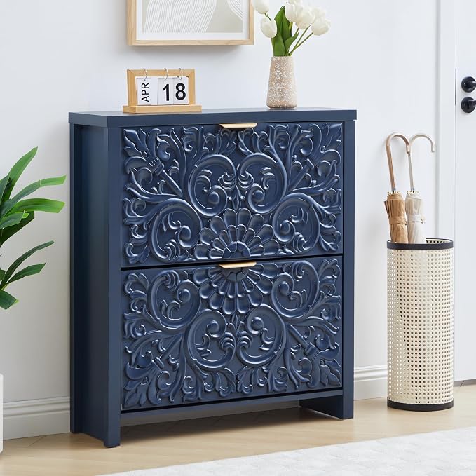Shoe Cabinet with Flip Drawers, Narrow Shoe Storage Cabinet, 2-Tier Hidden Shoe Organizer with Carved Floral for Entryway, Mid-Century Modern Slim Shoes Storage for Hallway Foyer (1, Midnight Blue)