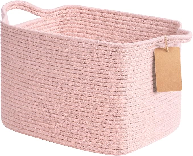 Goodpick Small Woven Storage Basket for Shelves, Cotton Rope, Pink | 13 x 10 x 9 in, Nursery, Bedroom & Bathroom Organization, Toys, Towels, Books & Baby Essentials Storage