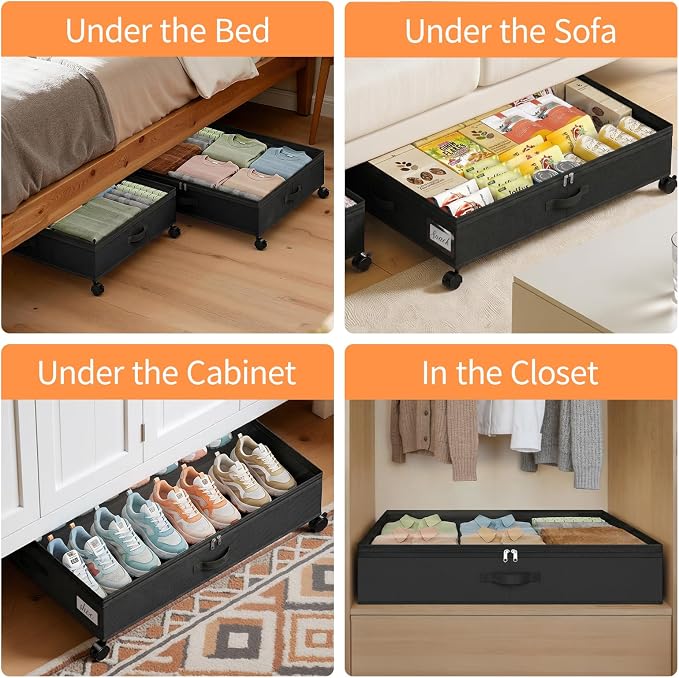 Yecaye 80L Large Under Bed Storage Containers with Wheels, 2 Pack, Black | 80L Capacity, Space-saving, 360° Rolling Wheels, Clear Window & Label, Sturdy Fabric, For Clothes, Shoes, Blankets