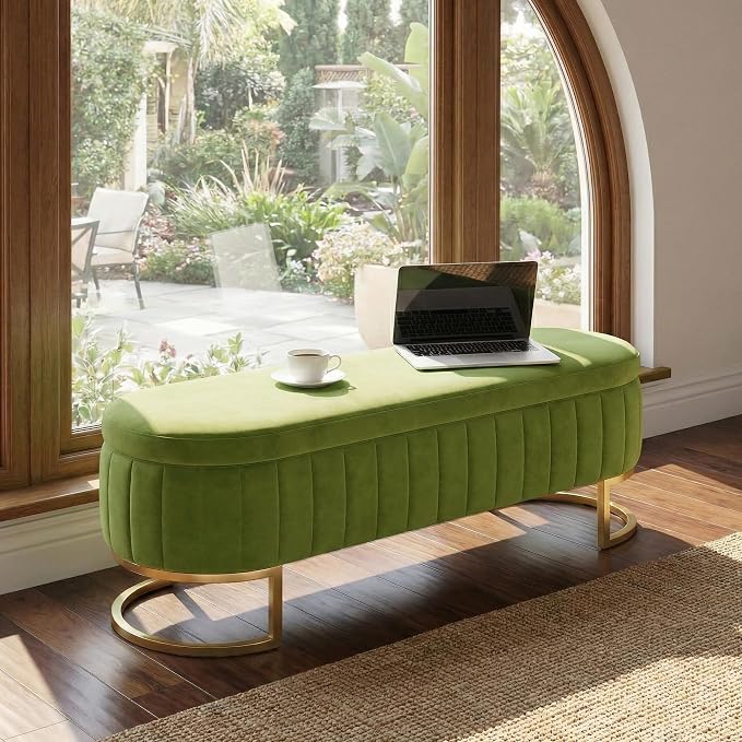 51 Inch Storage Ottoman Bench Velvet End of Bed Storage Bench King Size Upholstered Tufted Bench Large Space for Bedroom Living Room Entryway Light Green