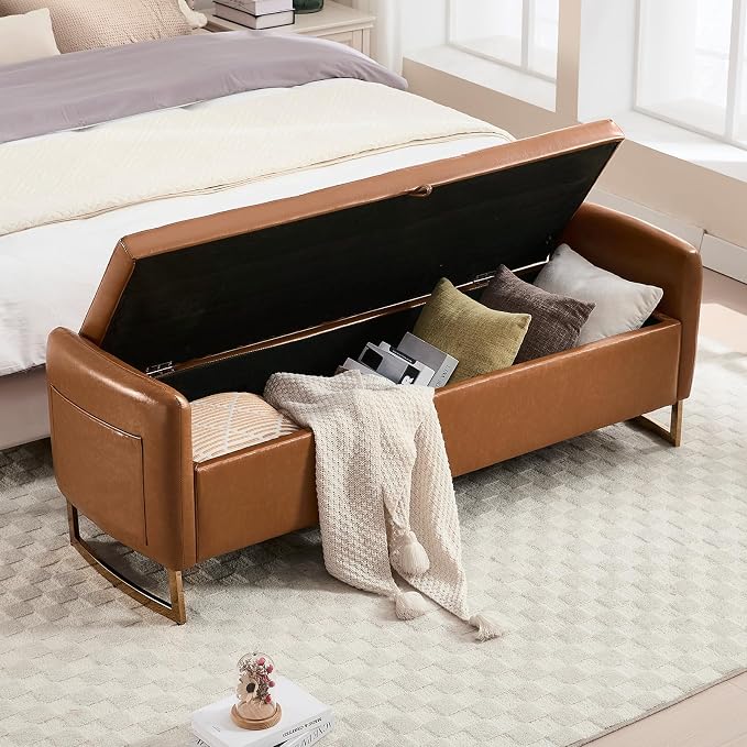 65" End of Bed Storage Bench, Leather Storage Bench for Bedroom with Tufted Button Upholstered and Gold Legs, Ottoman Bedroom Benches with Armrests for Living Room Window, Brown