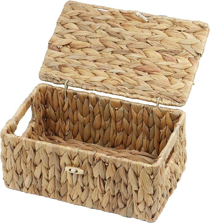 ORDELITE Water Hyacinth Wicker Storage Basket with Lid, Small | Decorative Box, Built-In Handles, Baskets for Organizing, Shelf Organizer Bin, Rectangular Woven Design, 10.2 x 6.3 x 3.9