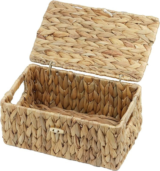 ORDELITE Water Hyacinth Wicker Storage Basket with Lid, Small | Decorative Box, Built-In Handles, Baskets for Organizing, Shelf Organizer Bin, Rectangular Woven Design, 10.2 x 6.3 x 3.9