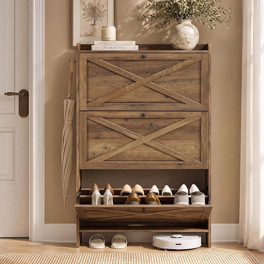 VASAGLE Shoe Storage Cabinet Organizer with 3 Flip Drawers, Freestanding Narrow Shoe Rack Cabinet for Entryway, Farmhouse Style, Fits 14 to 16 Pairs, Rustic Brown UHSC303KB01
