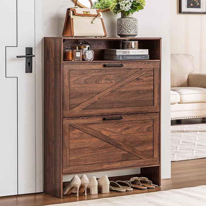 RWYHG Shoe Cabinet Storage for Entryway with 2 Flip Drawers | Open Storage Layer Rack Narrow Organizer Slim Hidden Wood Shoe Cabinet Furniture