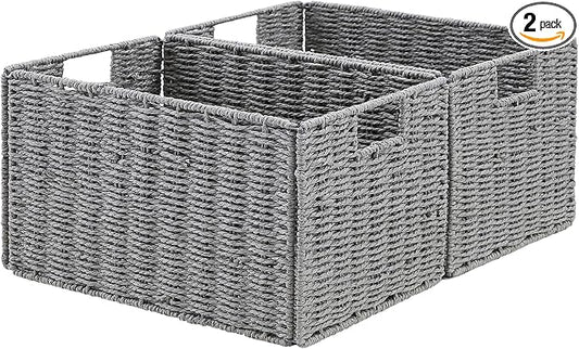 Vagusicc Wicker Storage Basket, Set of 2 Hand-Woven Paper Rope Wicker Basket, Small Storage Baskets for Organizing Toilet Paper Basket, Foldable Large Cube Storage Organizer Bins for Shelves (Grey)
