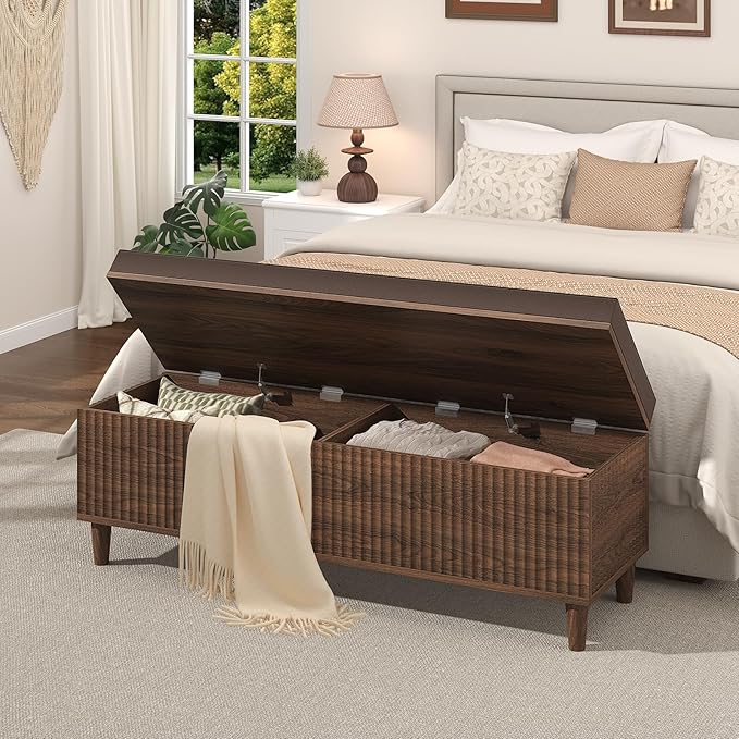 51" Storage Ottoman Bench, Fluted Wooden End of Bed Storage Bench with Leather Upholstererd, Mid-Century Modern Entryway Bench with Lift Top for Bedroom, Living Room, Entryway