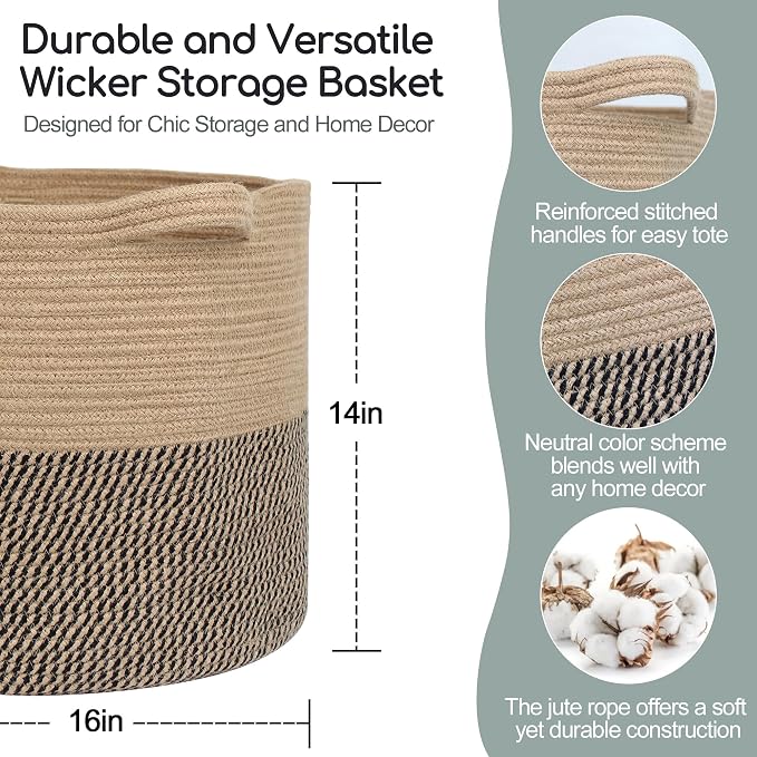 MEGASKET Large Wicker Storage Basket, 16" x 14" Woven Baskets for Storage, Blanket Storage for Living Room, Big Round Wicker Bin for Laundry, Pillows, Towels, Shoes, Dog Kids Toy Box, Home Decor