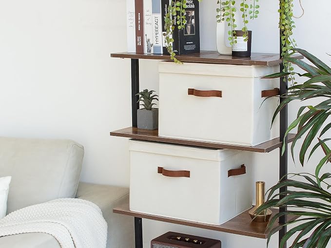 StorageWorks Fabric Storage Bins with Lid, Decorative Storage Boxes for Shelves, Stackable Closet Organizer Basket with Handles, Large, Ivory White, 2-Pack | Flip-Top Lid, 3 Handles, Collapsible, Stackable, for Clothes Blankets, Multi-Purpose, Large, I...