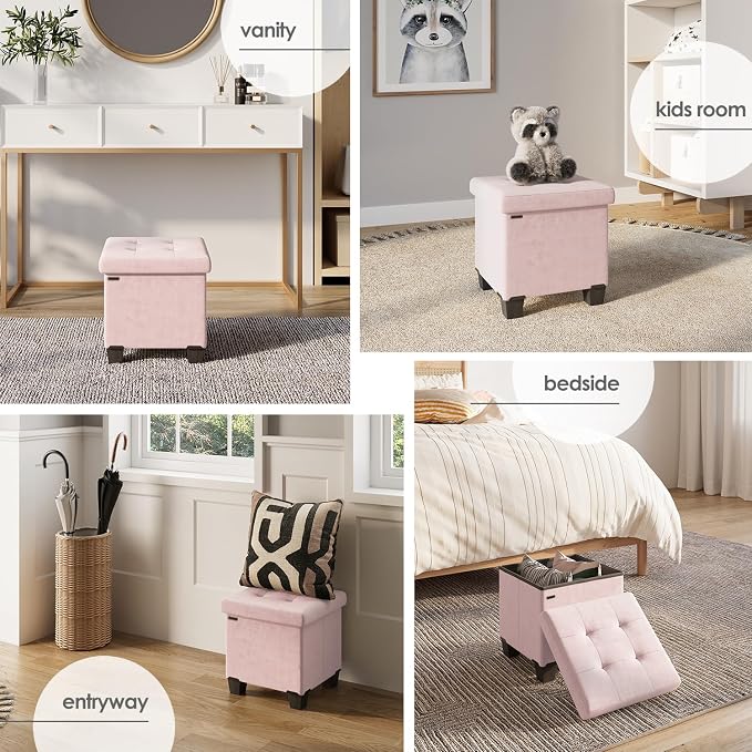 Storage Ottoman Cube with Small Bin, 15-in Square Ottoman with Storage for Living Room and Bedroom, Small Ottomans Foot Rest, Velvet Foot Stools Ottomans Max 330lbs, Pink