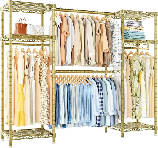 Ulif E7 Garment Rack, Heavy Duty Clothes Storage System with Extendable Hangers Rods, Metal Clothing Rack with 6 Wire Shelves, (52.3"-72") W x 14.5" D x 71.2" H, Load 838lbs, Gold | Metal Clothing Rack with 6 Wire Shelves, Freestanding Portable Closet ...