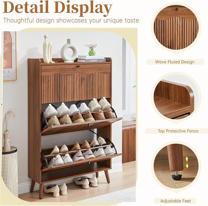 BERRYMERRY 51.2" Tall Shoe Storage Cabinet with 3 Flip Drawers for Entryway | narrow,entryway,adjustable feet,24 pairs shoe,shoe organize,hidden shoe rack,fluted panel,wave pattern,wood,space saving