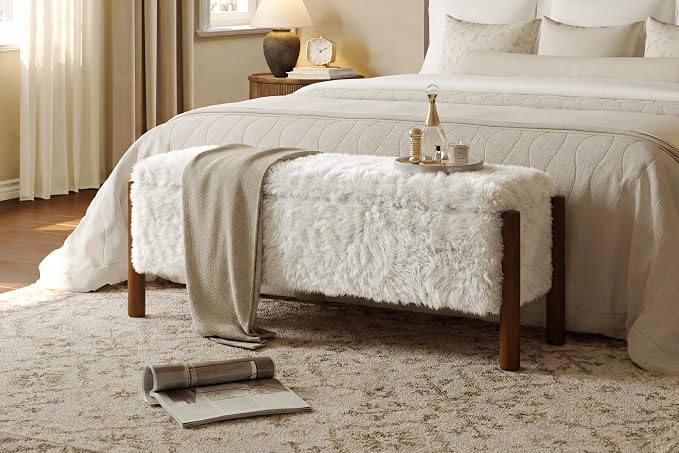 Modern Storage Benches with Walnut Wood Legs, 47'' Ottoman Bench with 20 Gallons Storage Space for Bedroom End of Bed, Faux Fur Fabric Upholstered Entryway Bench, Beige