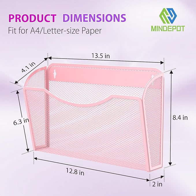 MINDEPOT Wall File Organizer, Hanging Wall File Holder, 3 Pack, Pink | Heavy Duty Iron, Metal Mesh Wall Mount, Single Pocket, Mail Organizer, for Office School Classroom Home, Letter A4 Size