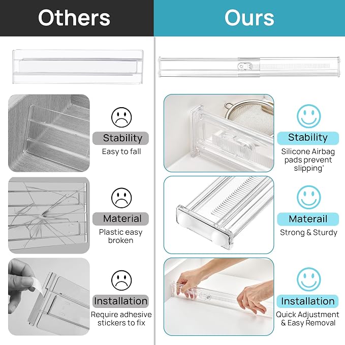 Vtopmart 8 Pack 2.36" Short Upgrade Drawer Dividers for Kitchen Drawer, 12.8"-22.3" Expandable Kitchen Drawer Organizer, Clear Plastic Organizer Separator for Flatware, Utensil, Cutlery, Underwear