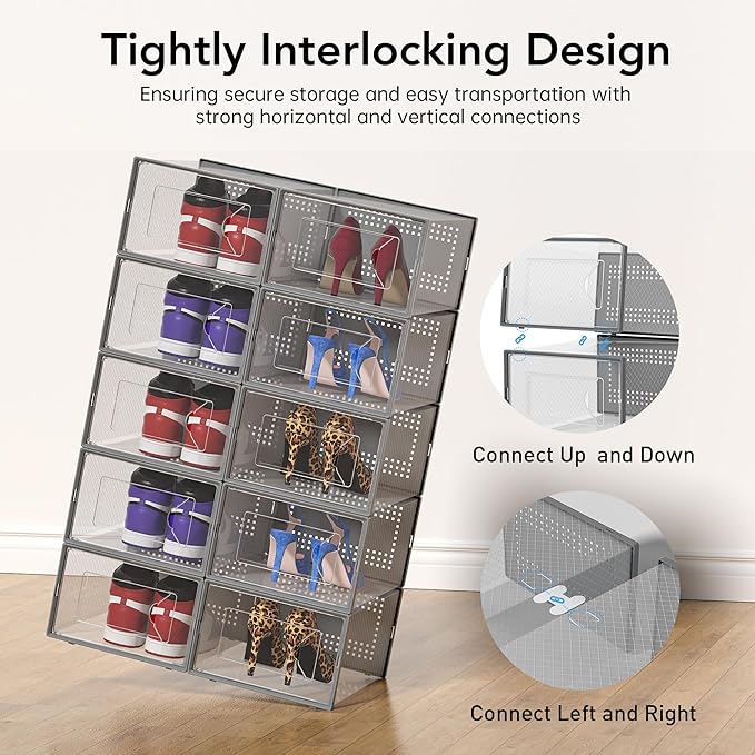 Foluck X-Large Shoe Storage Box, 15 Pack Clear Plastic Stackable Shoe Organizer for Closet, Interlocking Design Shoe Container Bins for Sneakers, Foldable Shoe Rack with Lids, Gray