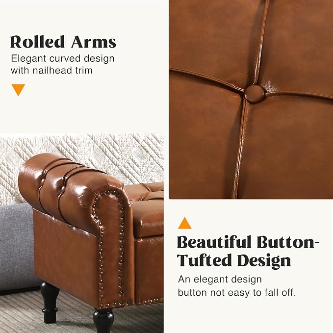 Storage Bed Bench for Bedroom, Faux Leather 67" End of Bed Benches, King Size Bench with Arm, Tufted Button Upholstered Ottoman Bench for Living Room, Entryway, Yellow Brown