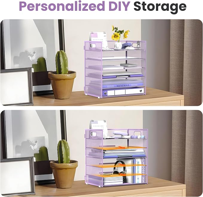 Daltack 6-Tier Paper Organizer for Desk with Handle, Purple, 2 Pack | Sturdy Metal Mesh Organizer with Movable Middle Trays and a Carry Handle for Papers, Folders and Office Supplies